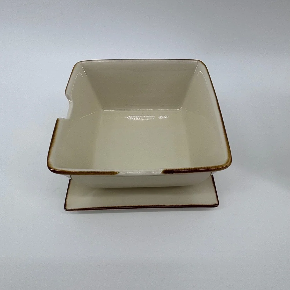 Pottery Barn Asian Square 12pc Set 6 Noodle Bowls 6 Plates Putty Brown Rim Japan